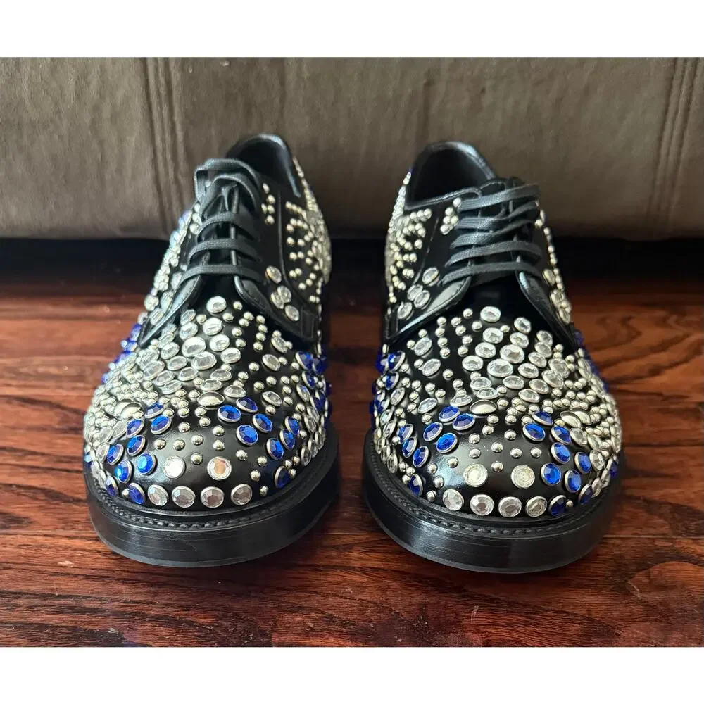 $2,750 NIB Prada Crystal Studded Spazzolato Leather Derby Shoes Black Blue US 10